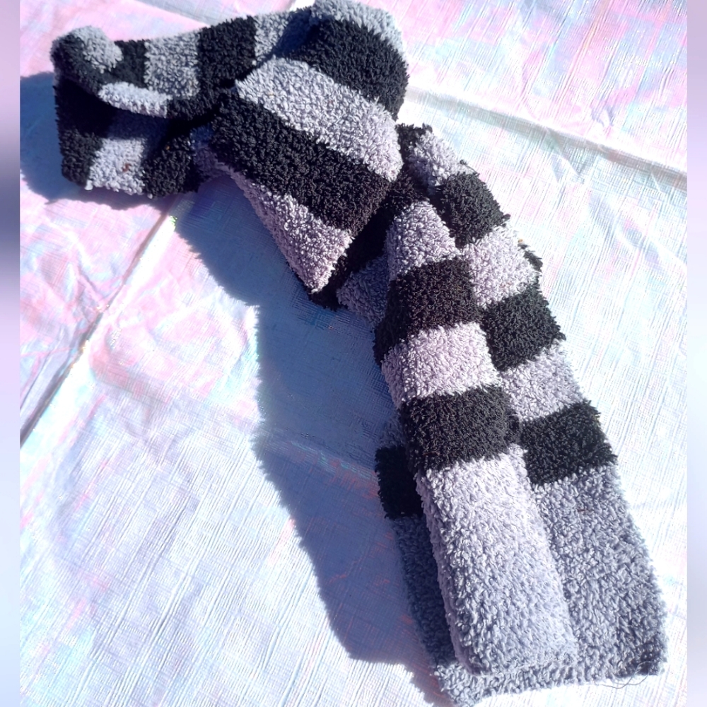 Fuzzy Black and Grey Striped Scarf